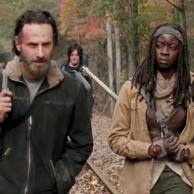 Andrew Lincoln, Rick and Danai Gurira, Michonne, The Walking Dead, screengrab